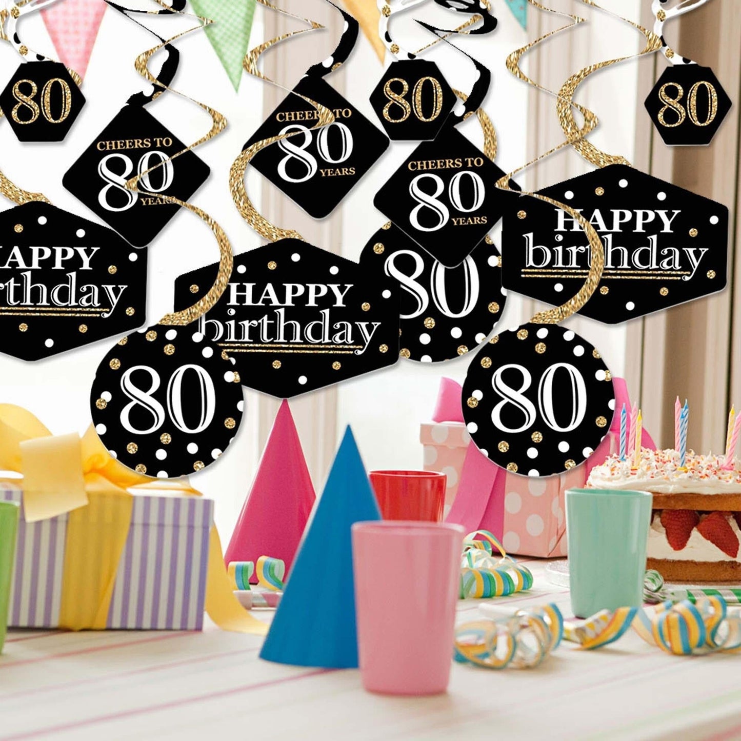 Adult 80th Birthday - Gold - Birthday Party Hanging Decor - Party Decoration Swirls - Set of 40