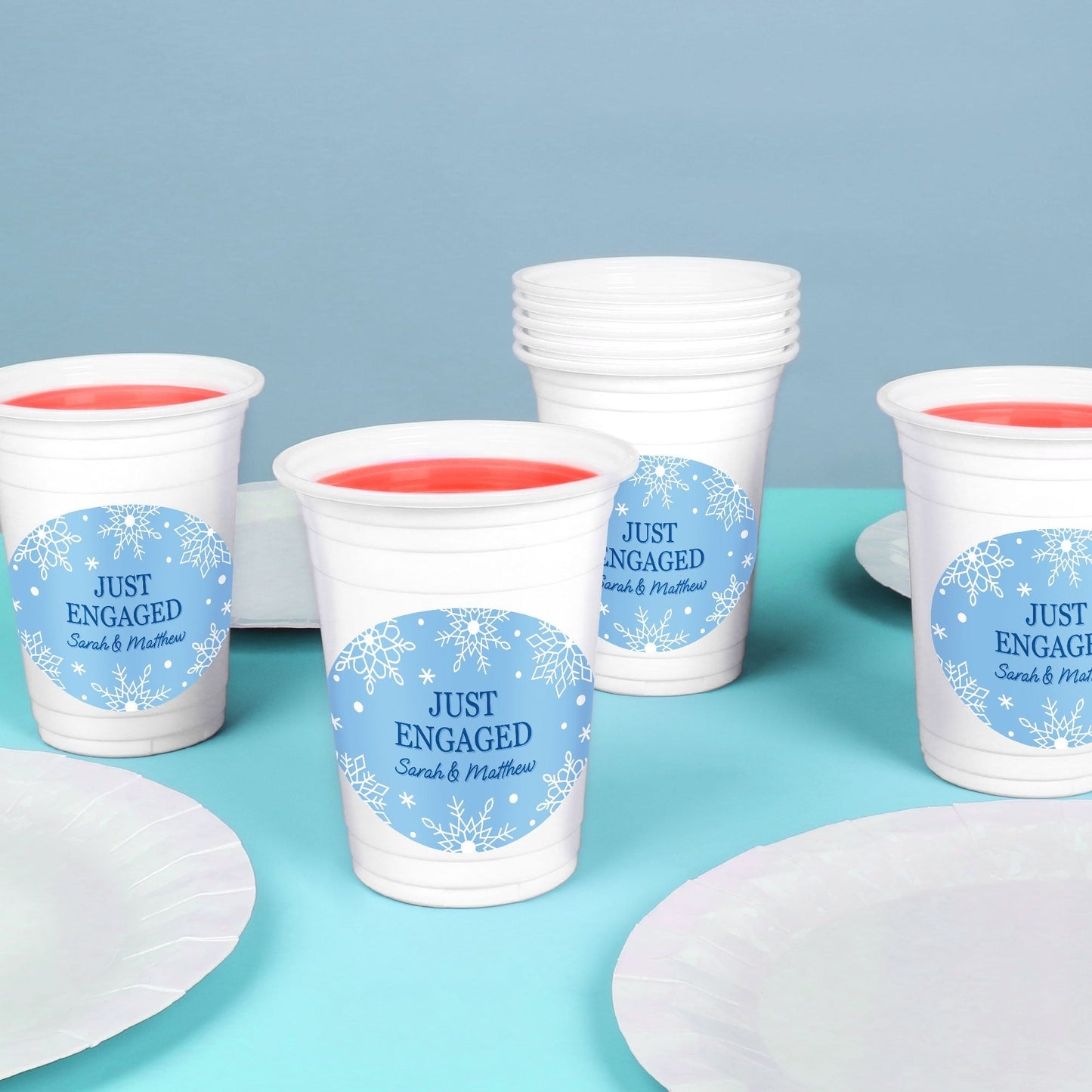 Custom Text Party Cups - Blue Snowflakes - 16 Ct