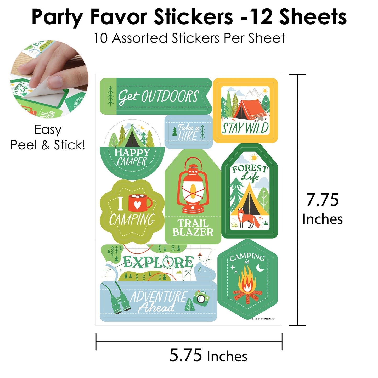 Camping Party Favor Stickers - 12 Sheets - 120 Stickers