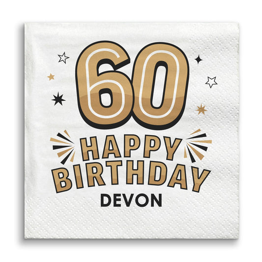 Custom Text Napkins - Black & Gold 60th Birthday