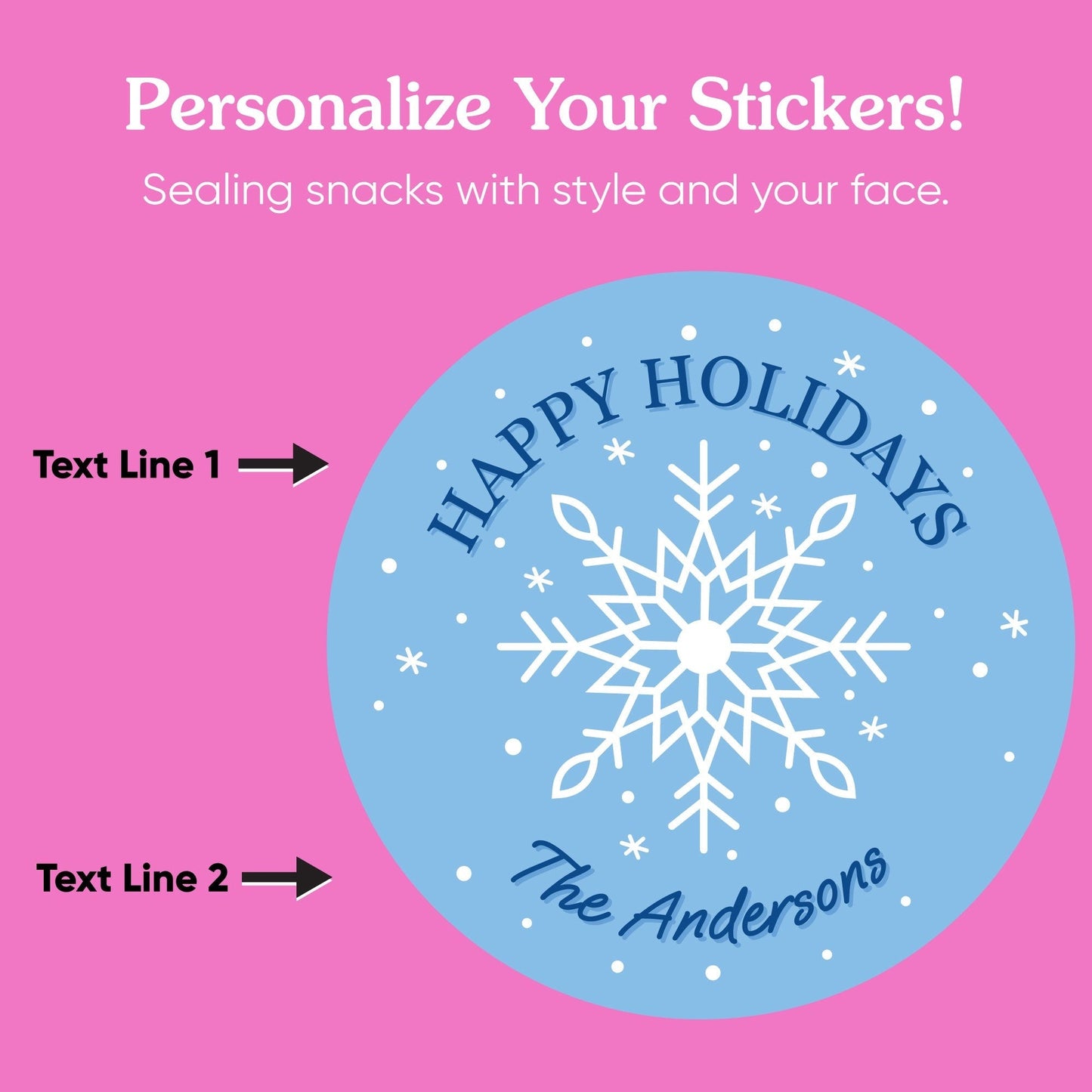 Custom Text Stickers & Clear Cookie Bags - Blue Snowflakes - 25 Ct