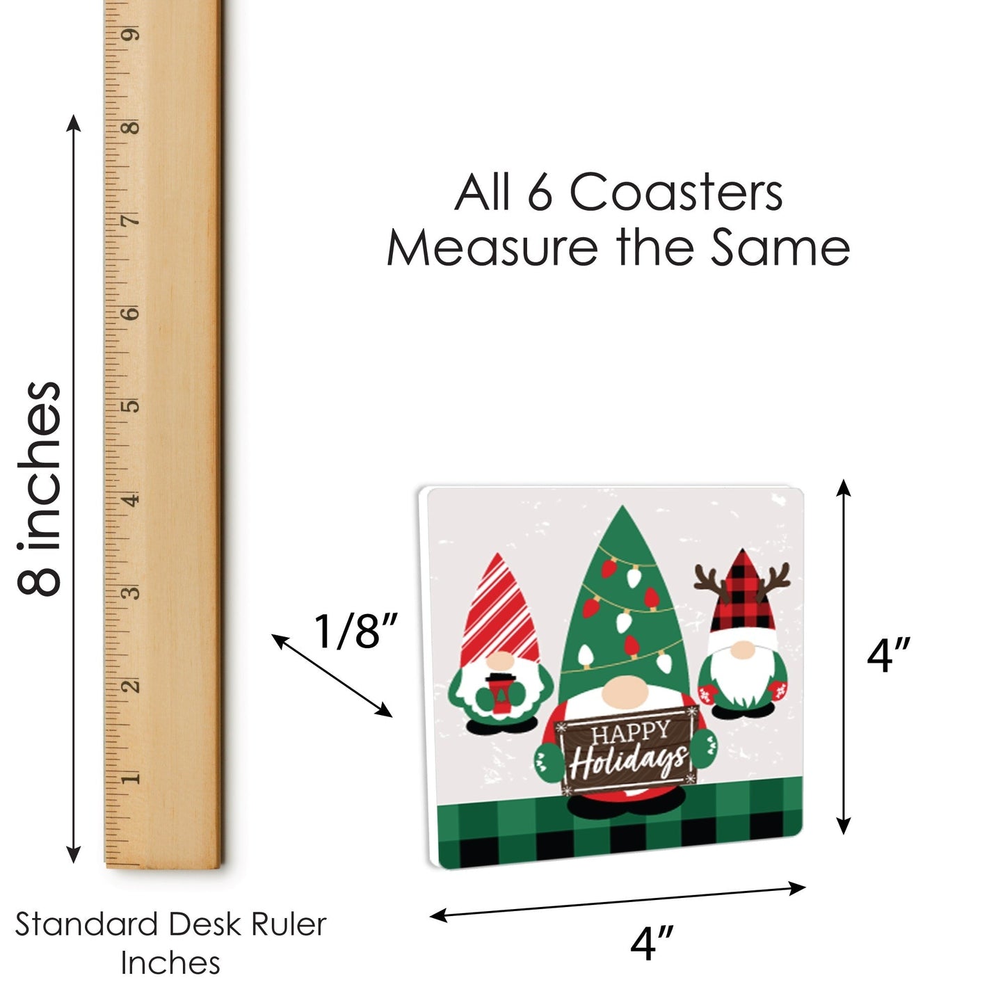 Red and Green Holiday Gnomes - Funny Christmas Party Decorations - Drink Coasters - Set of 6