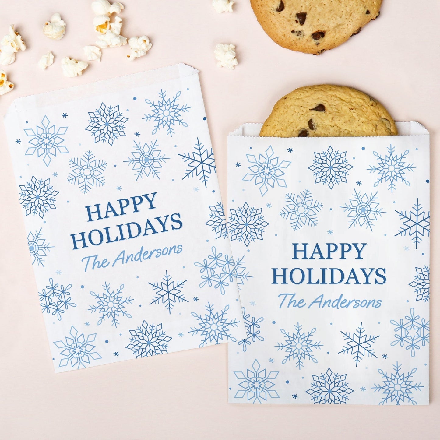 Custom Text Paper Treat Bags - Blue Snowflakes - 25 Ct