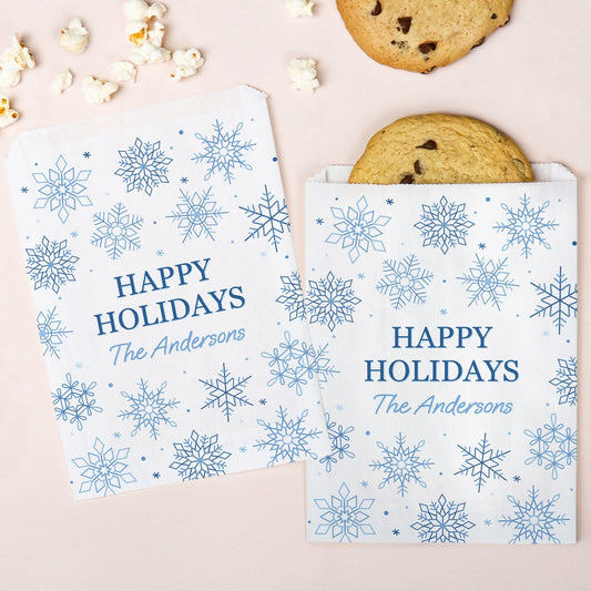 Custom Text Paper Treat Bags - Blue Snowflakes - 25 Ct