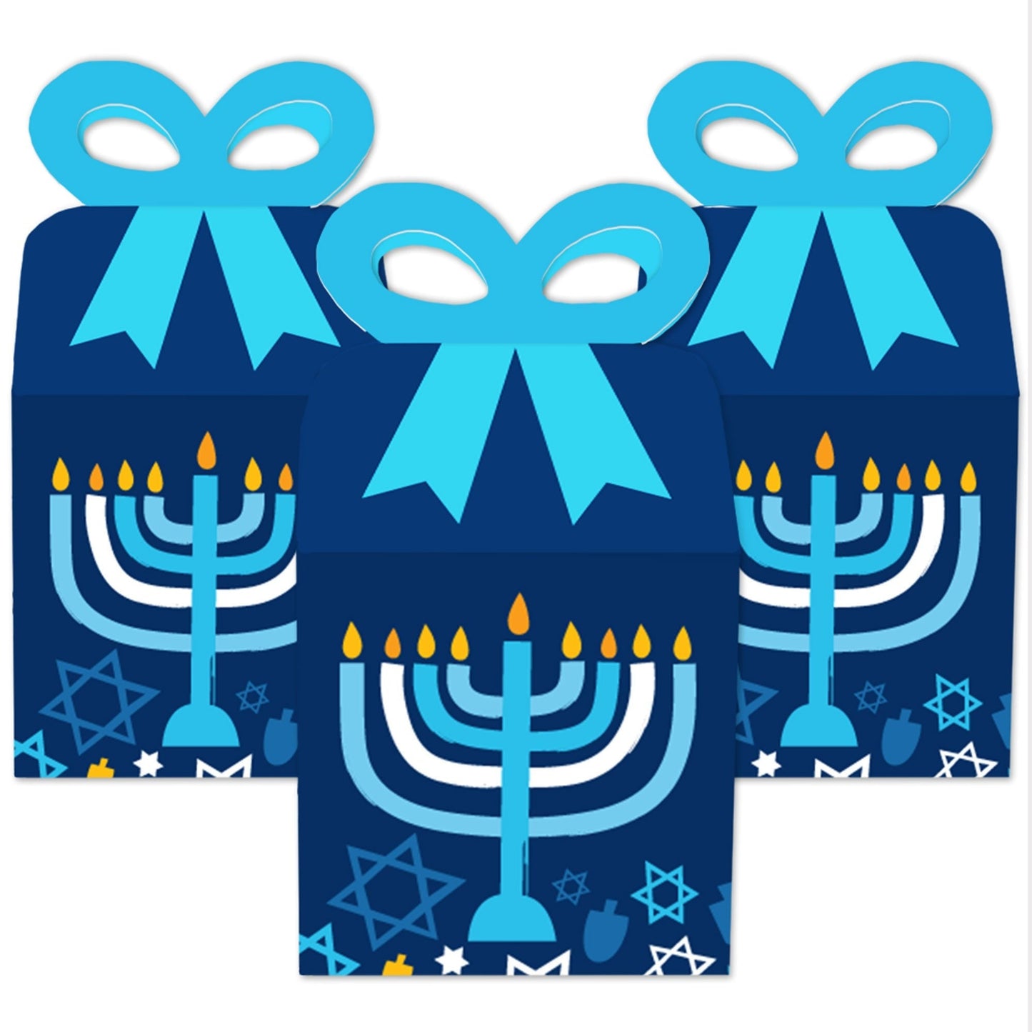 Hanukkah Menorah - Square Favor Gift Boxes - Chanukah Holiday Party Bow Boxes - Set of 12