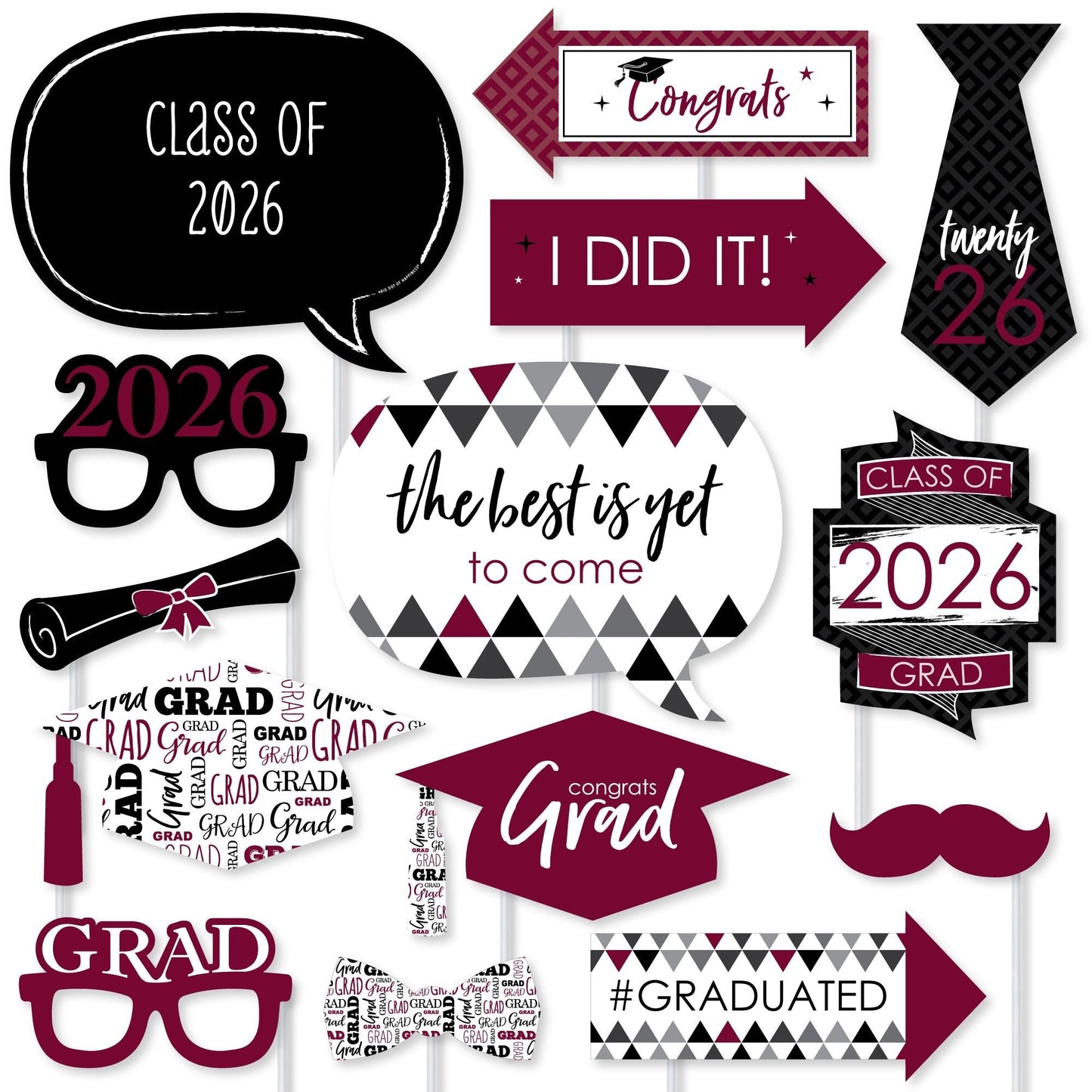 Maroon Grad - 2026 Graduation Party Photo Booth Props Kit - 20 Count