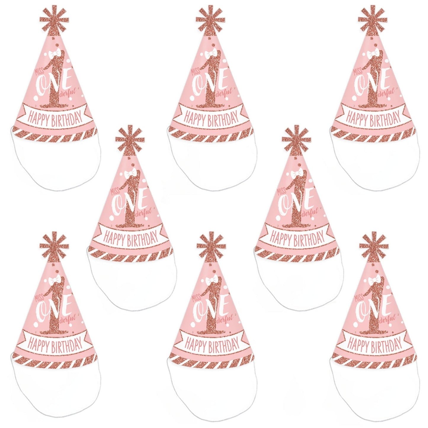 1st Birthday Little Miss Onederful - Cone Happy Birthday Party Hats for Kids and Adults - Set of 8 (Standard Size)