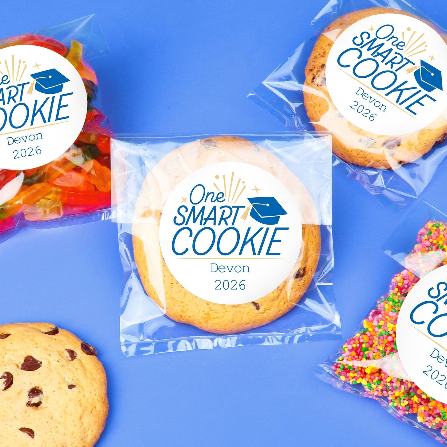 Custom Text Stickers & Clear Cookie Bags - Blue Grad - 100 Ct
