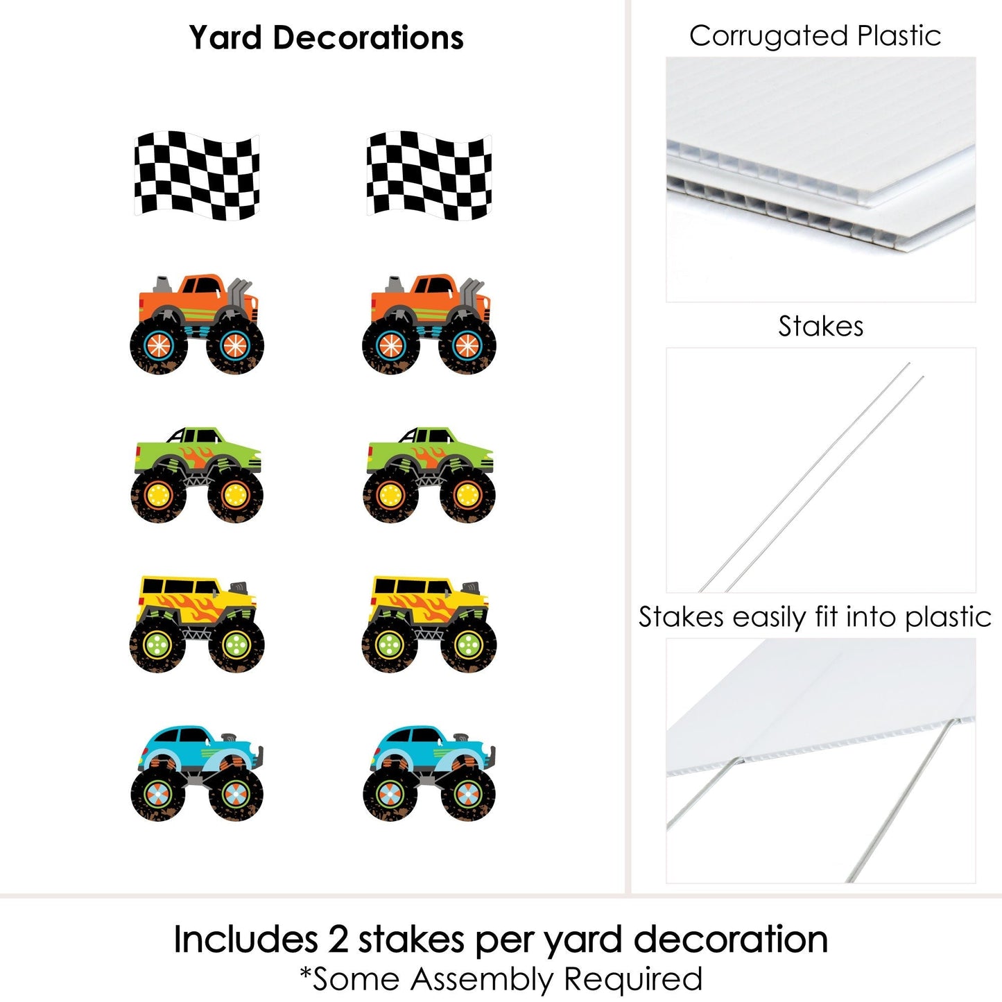 Smash and Crash - Monster Truck - Lawn Decorations - Outdoor Boy Birthday Party Yard Decorations - 10 Piece