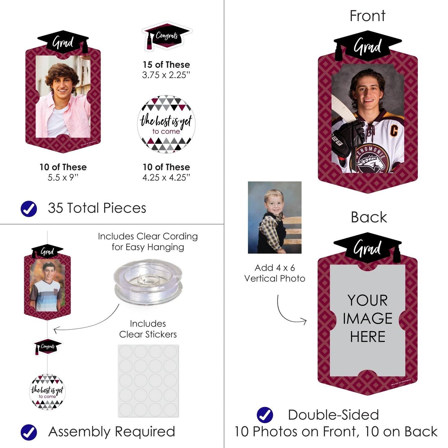 Maroon Grad - Best is Yet to Come - Burgundy Graduation Party DIY Backdrop Decor - Hanging Vertical Photo Garland - 35 Pieces