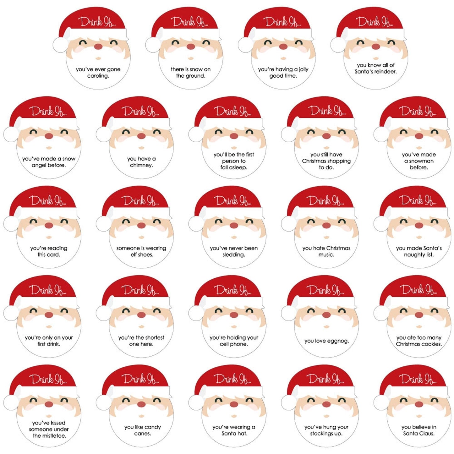 Drink If Game - Jolly Santa Claus - Christmas Party Game - 24 Count