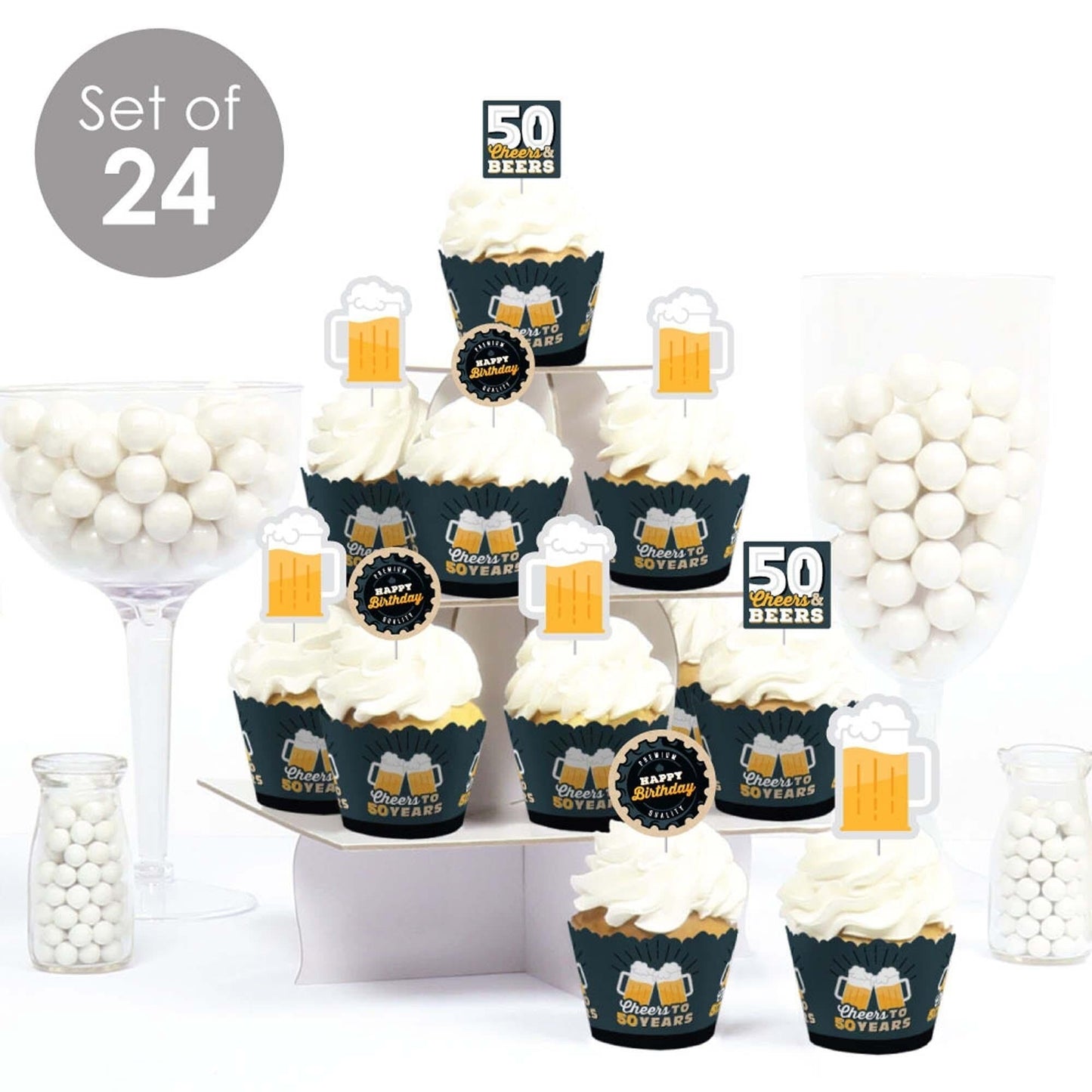 Cheers and Beers to 50 Years - Cupcake Decoration - 50th Birthday Party Cupcake Wrappers and Treat Picks Kit - Set of 24