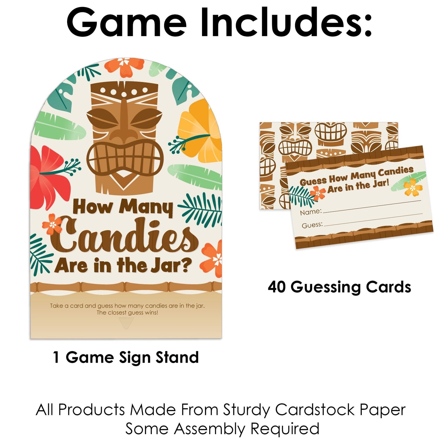 Tropical Luau - How Many Candies Hawaiian Beach Party Game - 1 Stand and 40 Cards - Candy Guessing Game