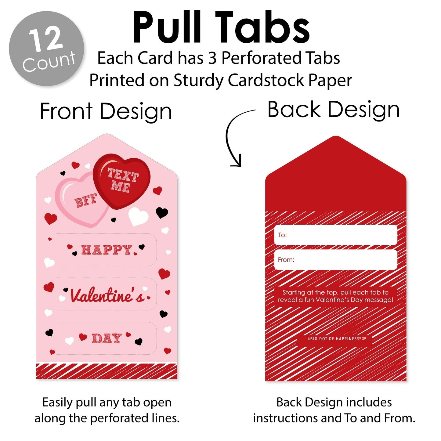 Conversation Hearts - Valentine’s Day Cards for Kids - Happy Valentine’s Day Pull Tabs - Set of 12