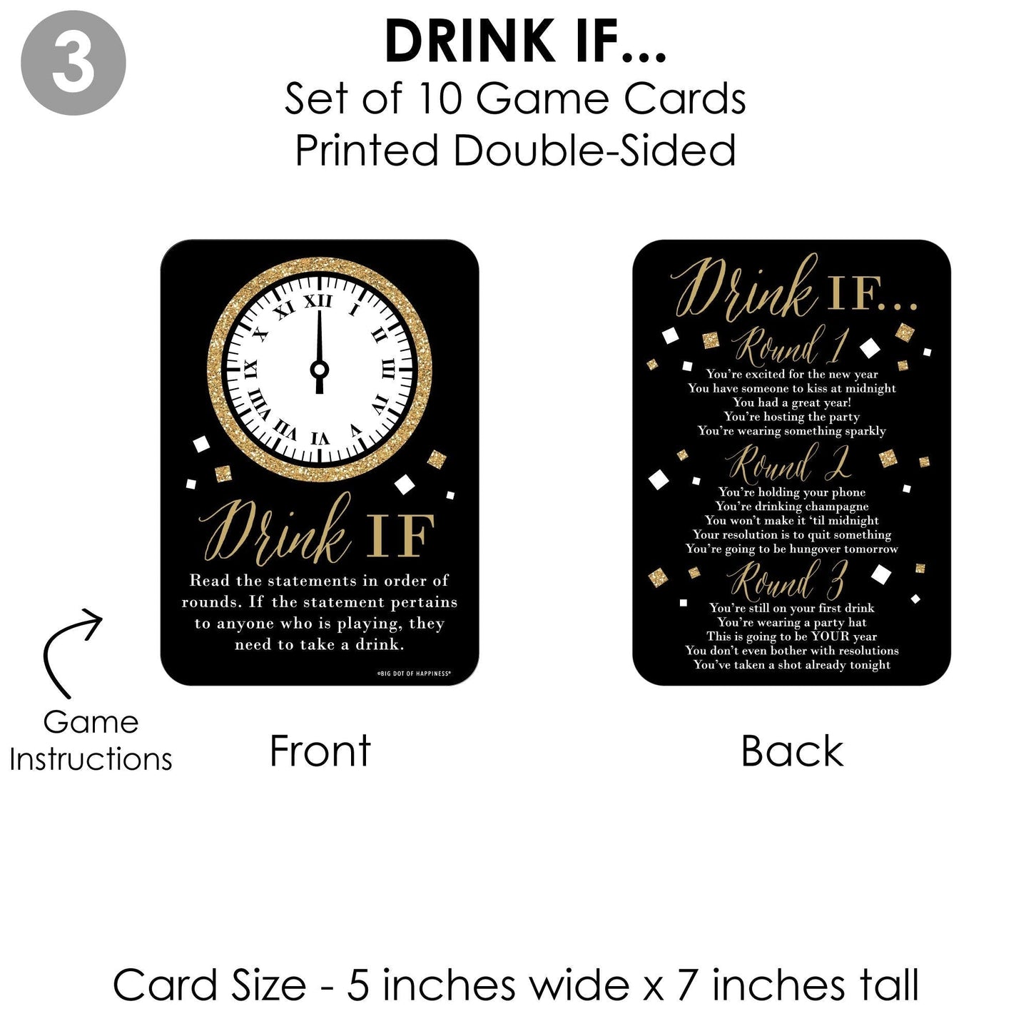 New Year's Eve - Gold - 4 New Years Eve Party Games - 10 Cards Each - Year in Review, Find the Guest, Drink If, New Year Predictions - Gamerific Bundle