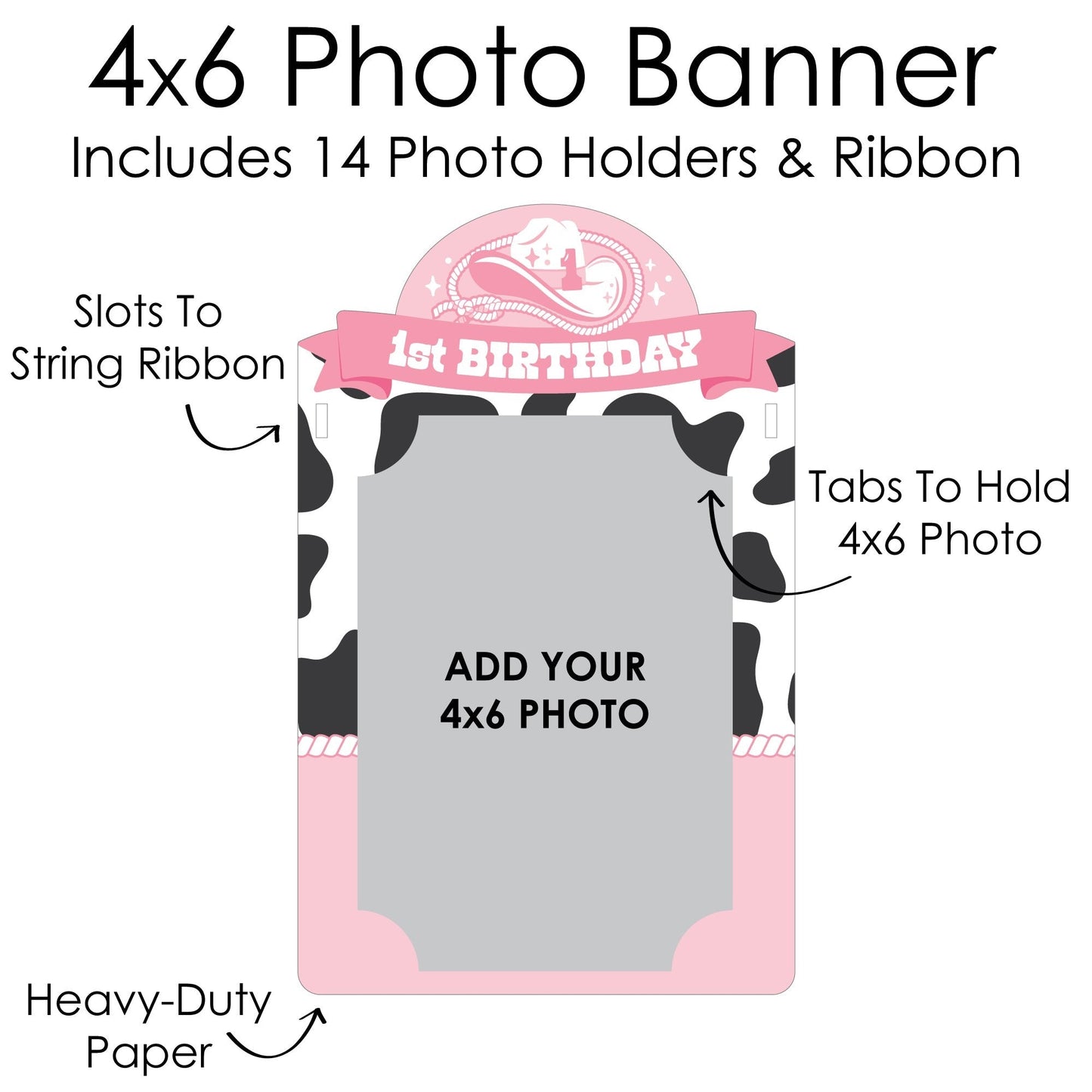 Pink First Rodeo - DIY Cowgirl 1st Birthday Decor - 1-12 Monthly Picture Display - Photo Banner