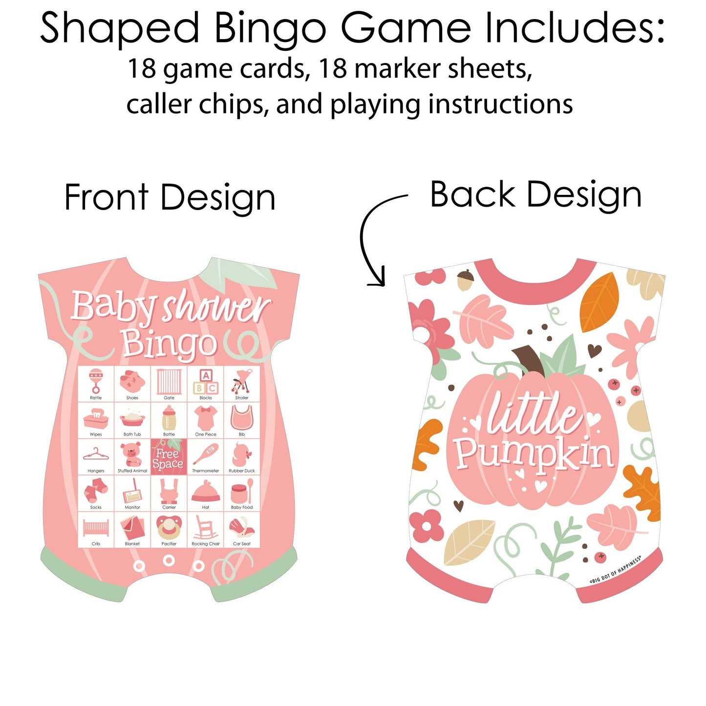 Girl Little Pumpkin - Picture Bingo Cards and Markers - Fall Baby Shower Shaped Bingo Game - Set of 18