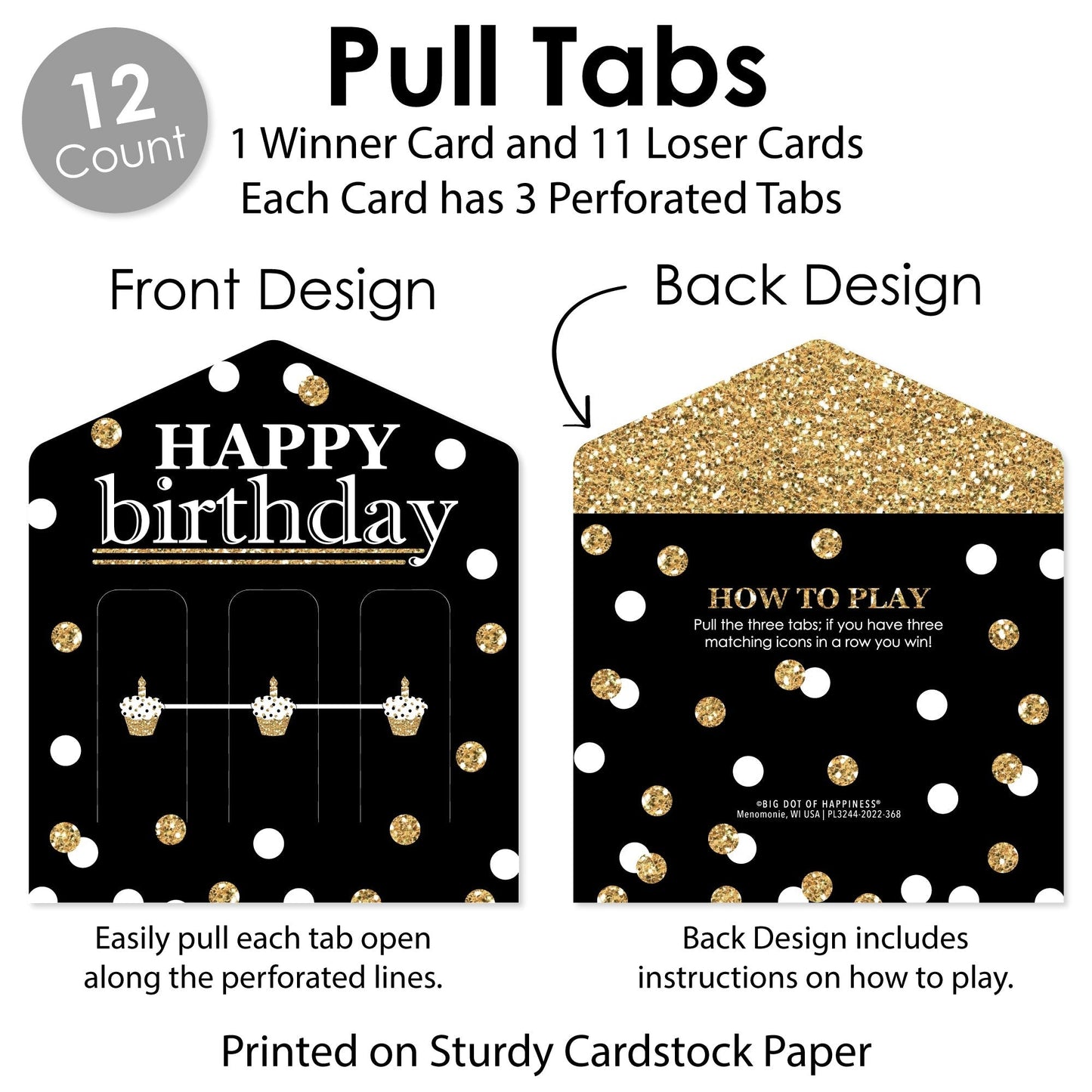 Adult Happy Birthday - Gold - Birthday Party Game Pickle Cards - Pull Tabs 3-in-a-Row - Set of 12