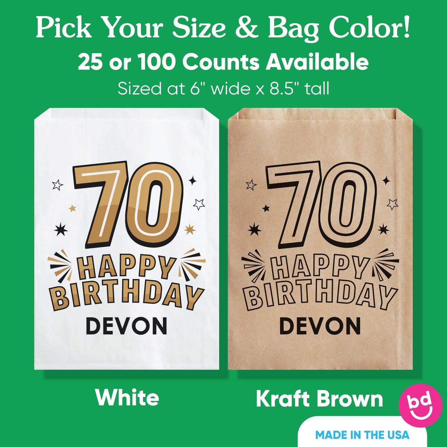 Custom Text Paper Treat Bags - 70th Birthday